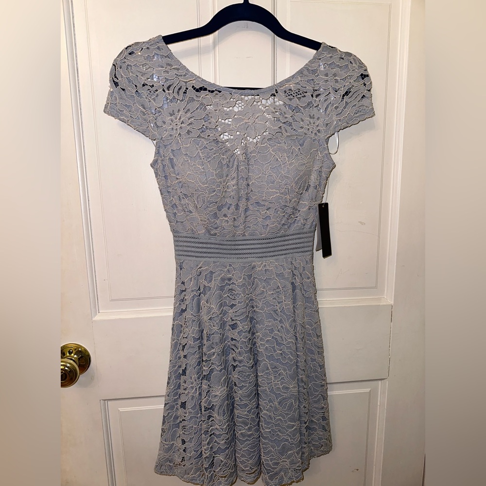 City Studio Lace Fit and Flare Dress (size 0) (Day Blue/ Periwinkle/ Ivory)